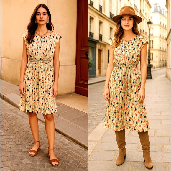 NEW! Anthropologie S Meadowlight Pleated Dress Fit&Flare Floral Elastic Waist - Picture 1 of 15